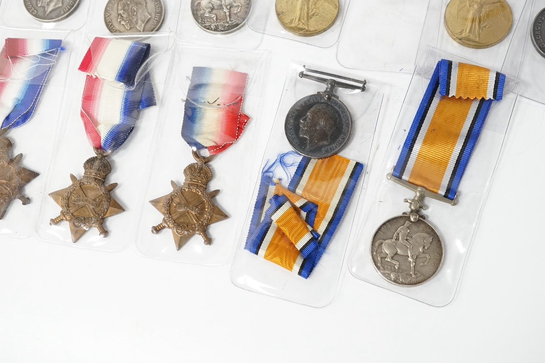 A collection of eighteen First World War medals including; eight British War Medals, five Victory Medals, four 1914-15 Stars, and one 1914 Star with clasp for 5th Aug - 22nd Nov. 1914, all named. Condition - poor to good